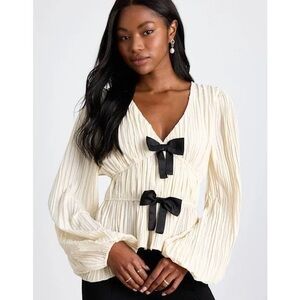 Lulu's Ivory Blouse with Black Ribbon Accents